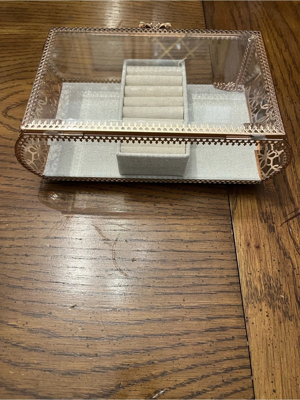 Rachel Ashwell Glass Jewelry Display Box with Rose Gold Trim and Gray Lining